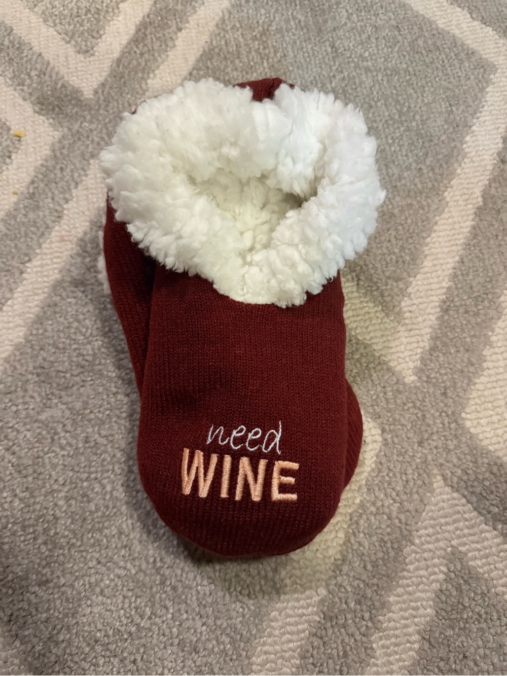Brand New - Cozy 'Need Wine' Burgundy Sherpa Slipper Socks